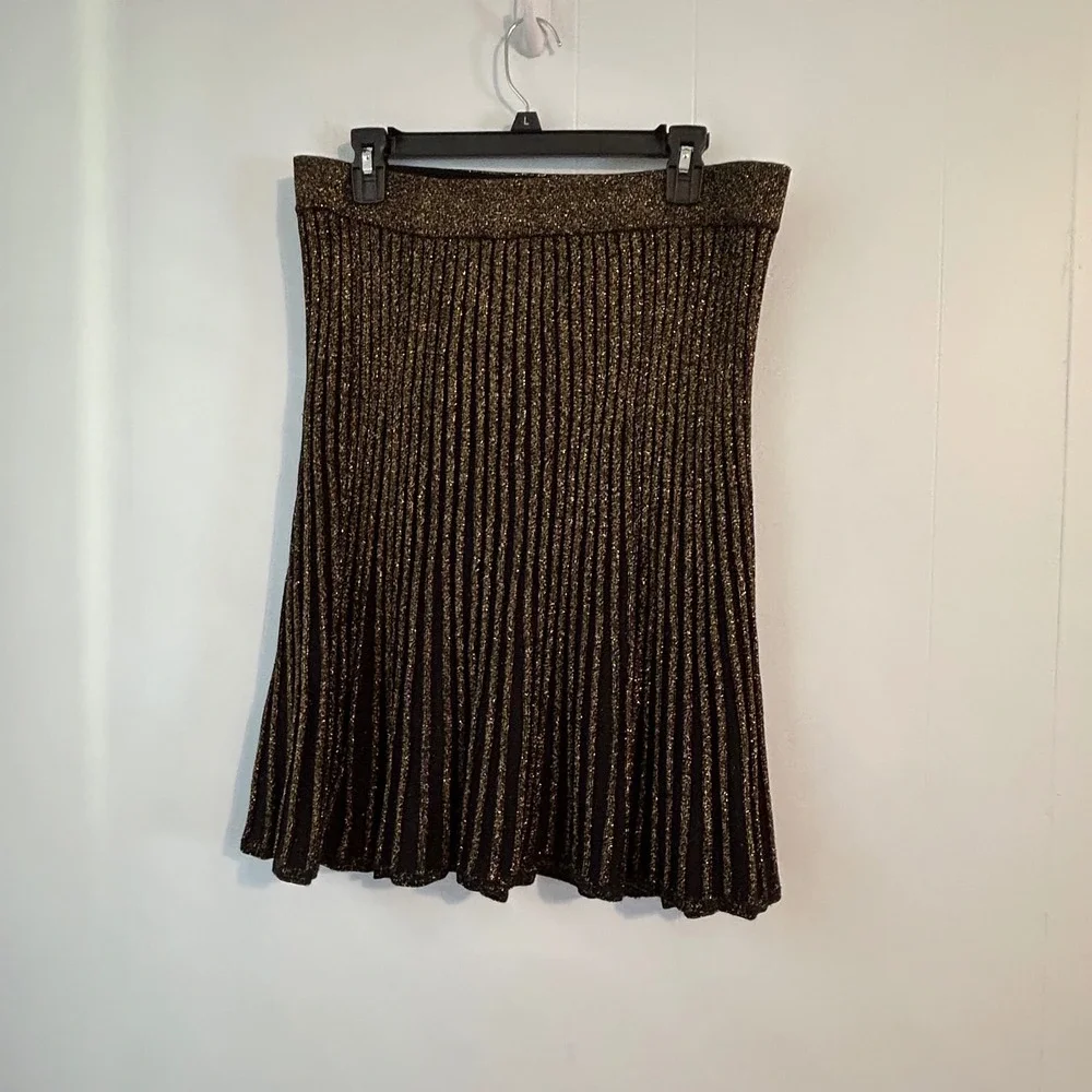 Draper James Black‎ Gold Metallic Knit Pleated Midi Skirt Size L elastic waist
